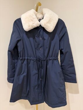 Kate Spade Navy Puffer Coat with Removable Cream Faux Fur Collar